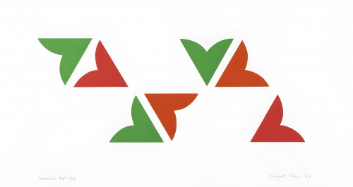 Bridget Riley Opening Up screenprint with alternating red and green triangular shapes in horizontal row on white background. 