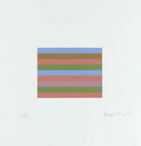 Bridget Riley Vista screenprint with horizontal stripes in blue, green, pink, and terracotta on white background.  