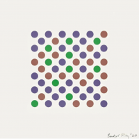 Bridget Riley's Measure For Measure, screen-print of grid with muted circles in green, purple, and beige, creating rhythmic optical effect.