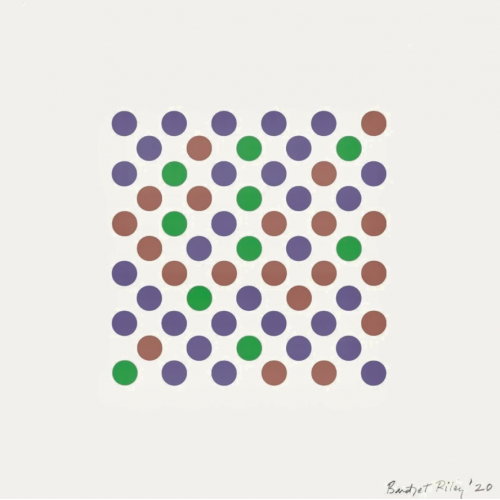 Bridget Riley's Measure For Measure, screen-print of grid with muted circles in green, purple, and beige, creating rhythmic optical effect. Bridget Riley's Measure For Measure, screen-print of grid with muted circles in green, purple, and beige, creating rhythmic optical effect.