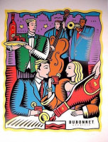 Burton Morris Dubonnet screen print of vibrant social scene with jazz band, people drinking Dubonnet, and bold pop art colors.