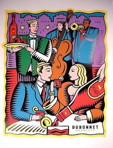 Burton Morris Dubonnet screen print of vibrant social scene with jazz band, people drinking Dubonnet, and bold pop art colors.