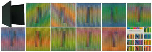 Carlos Cruz-Diez Inducción Cromática a doble frecuencia portfolio with 10 lithographs featuring colorful parallel lines in shifting hues.