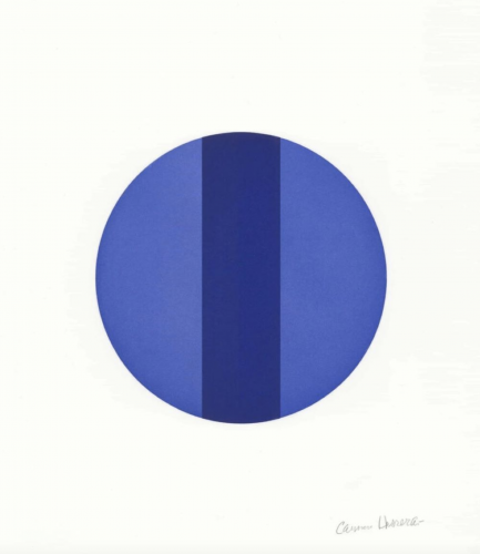 Carmen Herrera Untitled Vertical Blue Band intaglio print with a dark vertical stripe dividing a cobalt blue circle on white. 