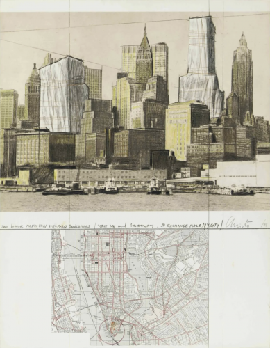 Christo and Jeanne-Claude Two Manhattan Wrapped Buildings lithograph with fabric, shows NYC skyline with two buildings wrapped and city map below.  
