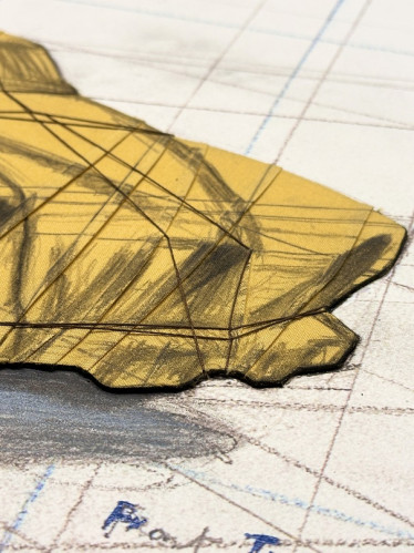 Christo Javacheff, Wrapped Automobile, Project for Studebaker, lithograph; yellow-wrapped car drawn on graph-like background with measurements.