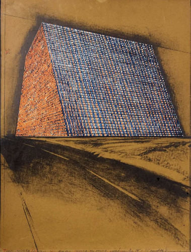 Christo Texas Mastaba 1976 lithograph and screenprint showing trapezoidal mastaba of oil drums in red, blue and black on brown ground