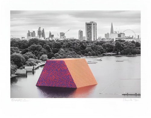 Christo The London Mastaba giclée print of red and purple barrel sculpture on Serpentine Lake, London, with grey city skyline.   