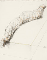 Christo Wrapped Woman screenprint showing bound female form on plinth drawn in soft lines and orange twine accents