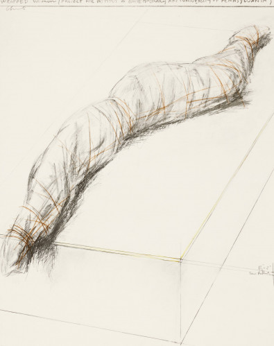 Christo Wrapped Woman screenprint showing bound female form on plinth drawn in soft lines and orange twine accents