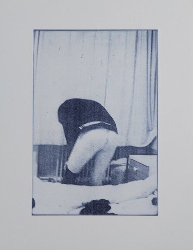 Christopher Wool's Untitled, photogravure, monochrome image of a partially obscured figure bent forward in an ambiguous setting.