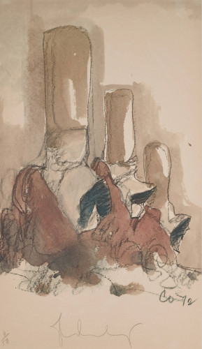 Claes Oldenburg's lithograph Fagends Carved in Rock Fagend Canyon, 1975, earthy tones with cigarette butt-like shapes in rocky landscape.