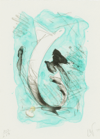 Claes Oldenburg's lithograph shows a loosely sketched dress collar and tie with dynamic turquoise and black brushstrokes on white.