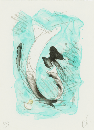 Claes Oldenburg's lithograph shows a loosely sketched dress collar and tie with dynamic turquoise and black brushstrokes on white.