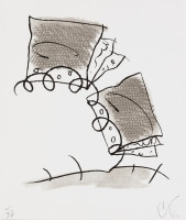 Claes Oldenburg's Notebook Torn in Half lithograph depicts a notebook split in two, highlighting textured torn edges on white paper.