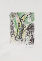 Color lithograph by Marc Chagall showing an angel embracing Jacob, with floating figures, a cityscape, and a painter in the foreground, all in soft green, yellow, red tones.