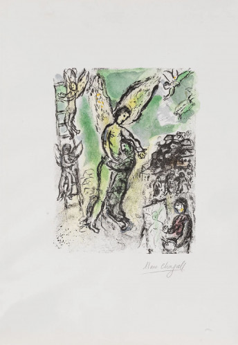 Color lithograph by Marc Chagall showing an angel embracing Jacob, with floating figures, a cityscape, and a painter in the foreground, all in soft green, yellow, red tones.
