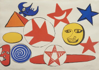 Colorful lithograph by Alexander Calder showing various stars, moons, suns, and abstract shapes in red, yellow, blue, and black on a light background. Bold, playful composition