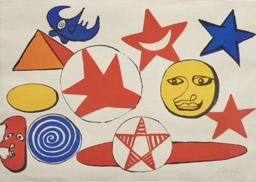 Colorful lithograph by Alexander Calder showing various stars, moons, suns, and abstract shapes in red, yellow, blue, and black on a light background. Bold, playful composition