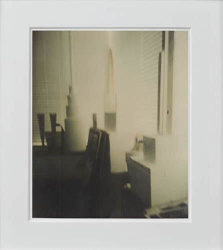 Cy Twombly Studio Lexington dry-print showing a blurred, dimly lit artist studio with chairs, desk, and canvases in soft focus