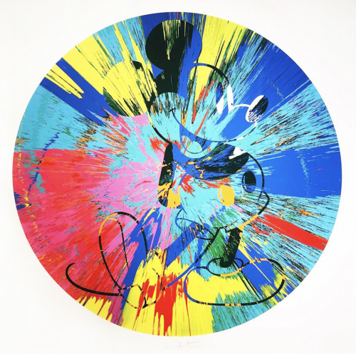 Damien Hirst Beautiful Mickey Spin 2015 silkscreen with colorful spin effect over black outline of Mickey Mouse in circular format  