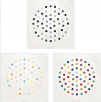 Damien Hirst Cinchonidine Ciclopirox Olamine Cineole etchings with colored dot circles on white paper in monochrome