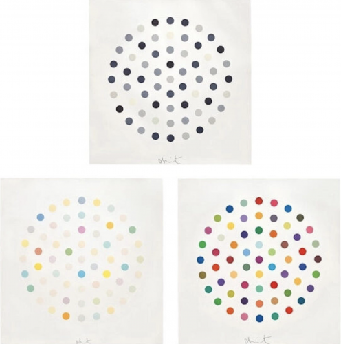 Damien Hirst Cinchonidine Ciclopirox Olamine Cineole etchings with colored dot circles on white paper in monochrome, pastel, and vivid hues.   
