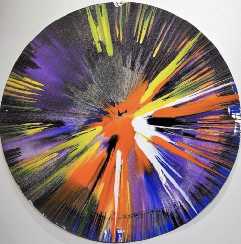 Damien Hirst Circle Spin 2009 acrylic on paper circular spin painting with vibrant streaks of orange, yellow, purple, white and black