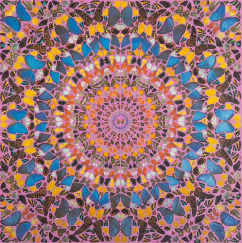 Damien Hirst Palais des Papes screenprint with butterfly wing mandala in vivid blue, pink, yellow, and diamond dust accents. 