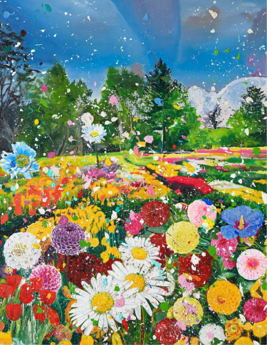 Damien Hirst Selflessness Giclée print of colorful blooming garden with splattered paint under blue sky on aluminium panel.