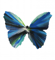 Damien Hirst Untitled (Spin Butterfly) acrylic on die-cut paper showing vivid blue and green radial butterfly wing pattern.