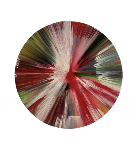 Damien Hirst Untitled (Spin Circle) acrylic on circular paper with radiating red, white, black, and green spin strokes.