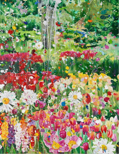 Damien Hirst Wisdom Giclée print of colorful garden with tulips and daisies, overlaid with expressive paint splashes on aluminium panel.