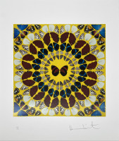 Damien Hirst’s Miracle, giclée print, shows a kaleidoscopic design of butterfly wings in symmetrical patterns on a yellow background.