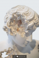 Daniel Arsham Rose Quartz Eroded Bust of Antinous sculpture with crystal erosion details in rose quartz and pink selenite
