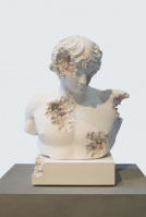 Daniel Arsham Rose Quartz Eroded Bust of Antinous sculpture with crystal erosion details in rose quartz and pink selenite