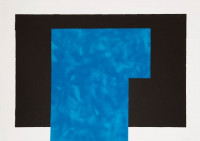 David Batchelor lithograph featuring a textured blue geometric shape intersecting with a black background, from Chromoscape 6–10, 2018.