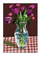 David Hockney Tulips in Cut Glass iPad drawing with pink and purple tulips in vase on red checkered tablecloth against dark background
