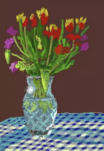 David Hockney iPad painting of red, yellow, and purple flowers in a glass vase on a blue checkered tablecloth. David Hockney iPad painting of red, yellow, and purple flowers in a glass vase on a blue checkered tablecloth.