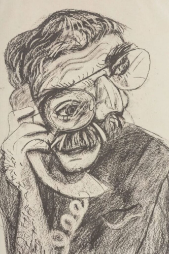 David Hockney An Image of Ken 1985 lithograph with expressive black line portrait of a man wearing large glasses and a mustache. David Hockney An Image of Ken 1985 lithograph with expressive black line portrait of a man wearing large glasses and a mustache.
