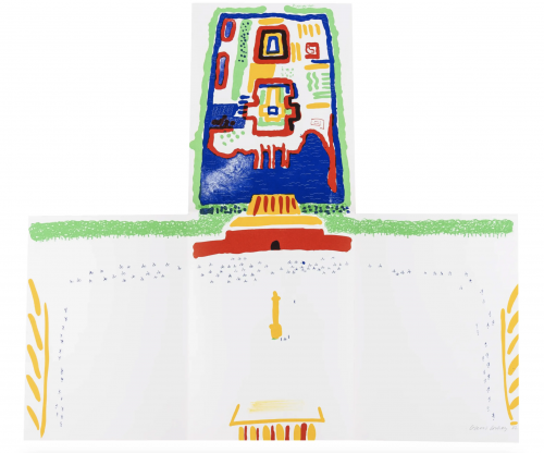 David Hockney China Diary lithograph with colorful abstract landscape in red, blue, green and yellow on die-cut folded paper
