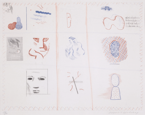 David Hockney Franco-American Mail etching with aquatint featuring 12 abstract red-blue vignettes including faces, shapes, and objects.