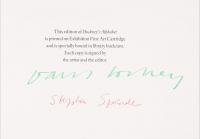 David Hockney Hockney's Alphabet book with colorful letter illustrations and text essays, signed by Hockney and Stephen Spender