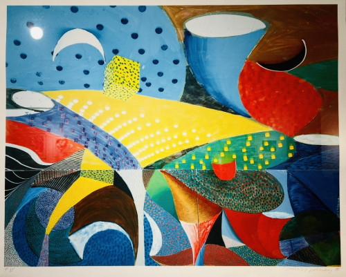 David Hockney Snails Space digital print with vibrant abstract forms, crescents, dots, and fluid color patterns on large paper.  