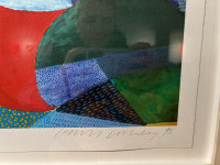 David Hockney Snails Space digital print with vibrant abstract forms, crescents, dots, and fluid color patterns on large paper.  