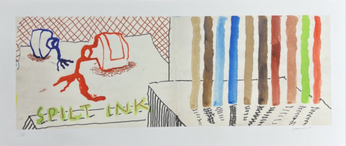 David Hockney Spilt Ink with Tests inkjet print; abstract figures with spilled ink and vertical color swatches on cotton paper. David Hockney Spilt Ink with Tests inkjet print; abstract figures with spilled ink and vertical color swatches on cotton paper.