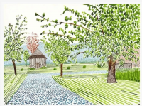 David Hockney Study of the Entrance iPad drawing showing a tree-lined path