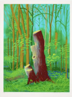 David Hockney The Arrival of Spring iPad drawing of a tree stump in lush green forest with tall vertical trees and blue sky