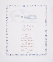 David Hockney The Blue Guitar title page etching with stylized blue guitar, red-blue text, and decorative border on white paper.