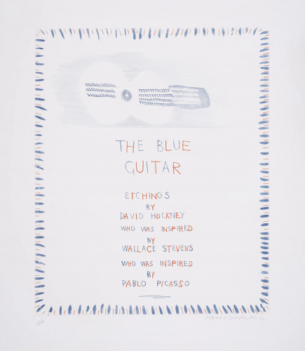 David Hockney The Blue Guitar title page etching with stylized blue guitar, red-blue text, and decorative border on white paper.